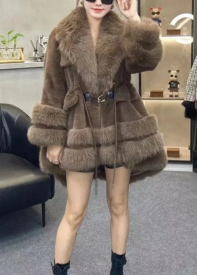 Chic Leopard Fur Collar Drawstring Patchwork Faux Leather Coats Winter ML1177