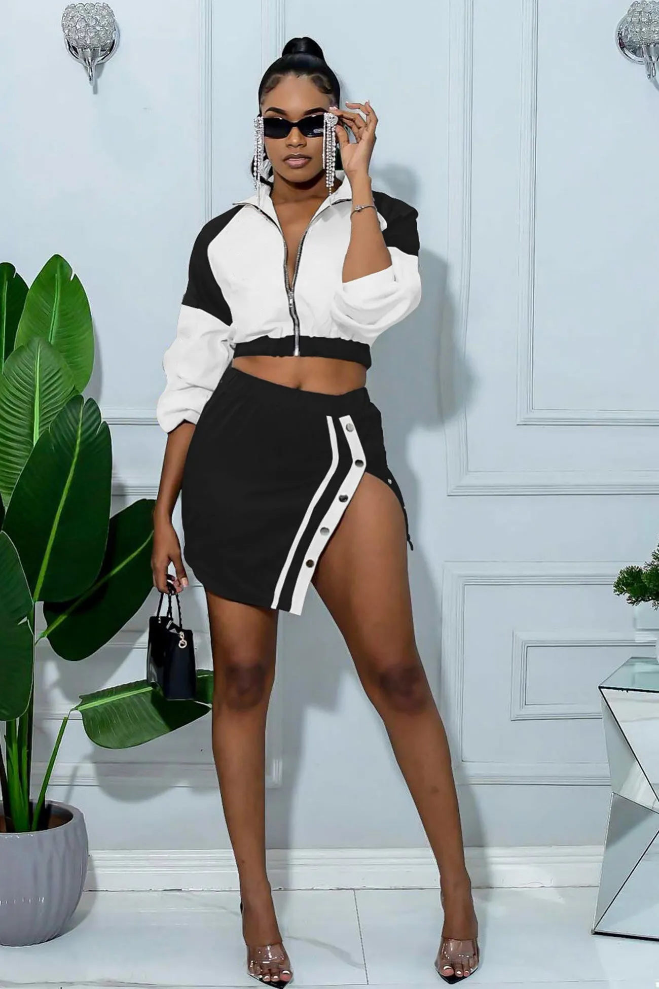 Colorblock Zipper Crop Top Single-breasted Skirt Suits
