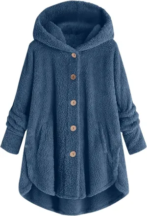 Fleece Jacket Women Button Down Sherpa Jacket Fuzzy Warm Jacket Long Sleeve Hooded Coat Winter Coats for Women