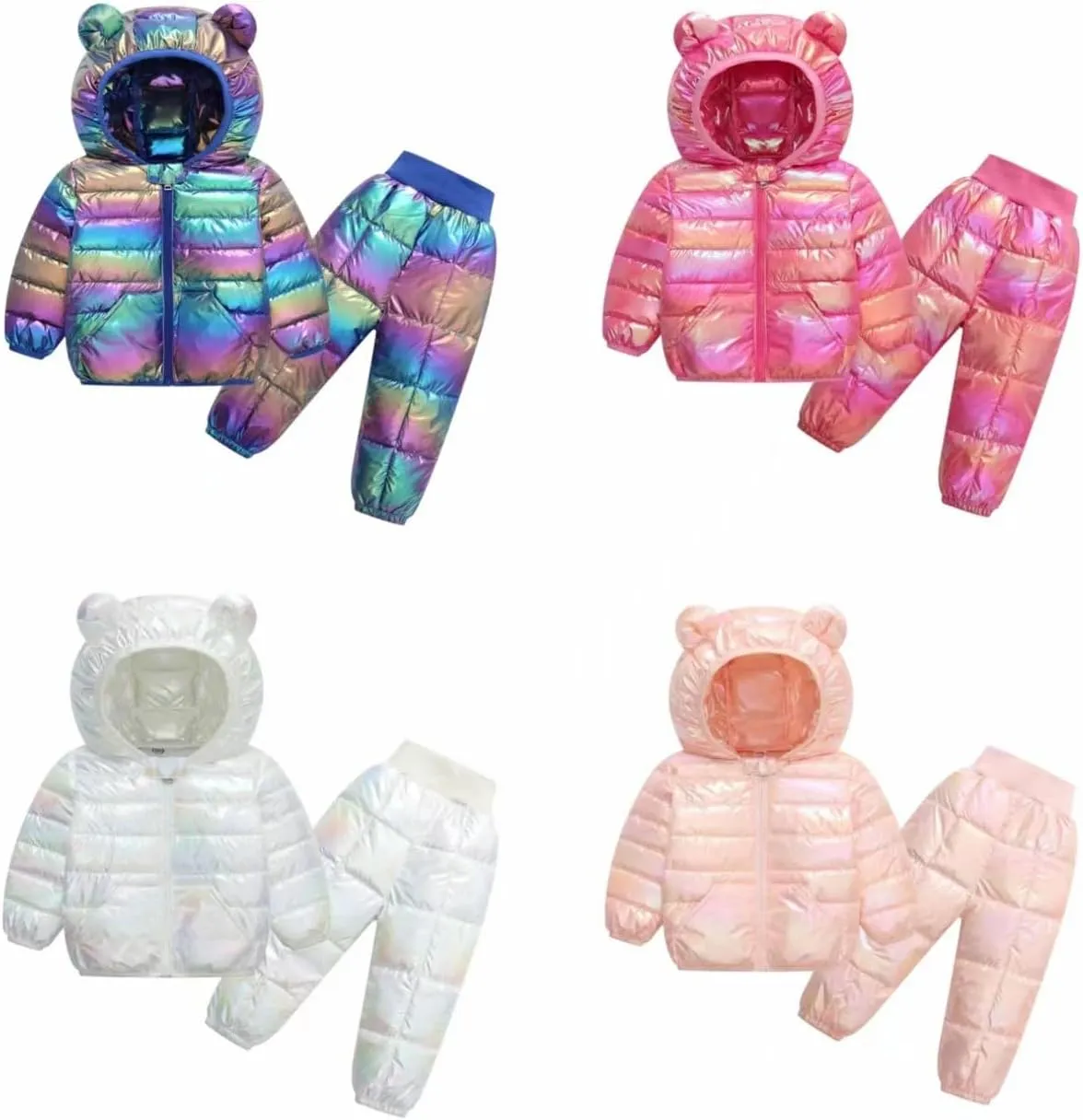 Kids Two Piece Winter Coat Baby Toddler Boy Girl Down Puffer Jackets Bear Hoods Down Coat and Puffer Pants Clothes