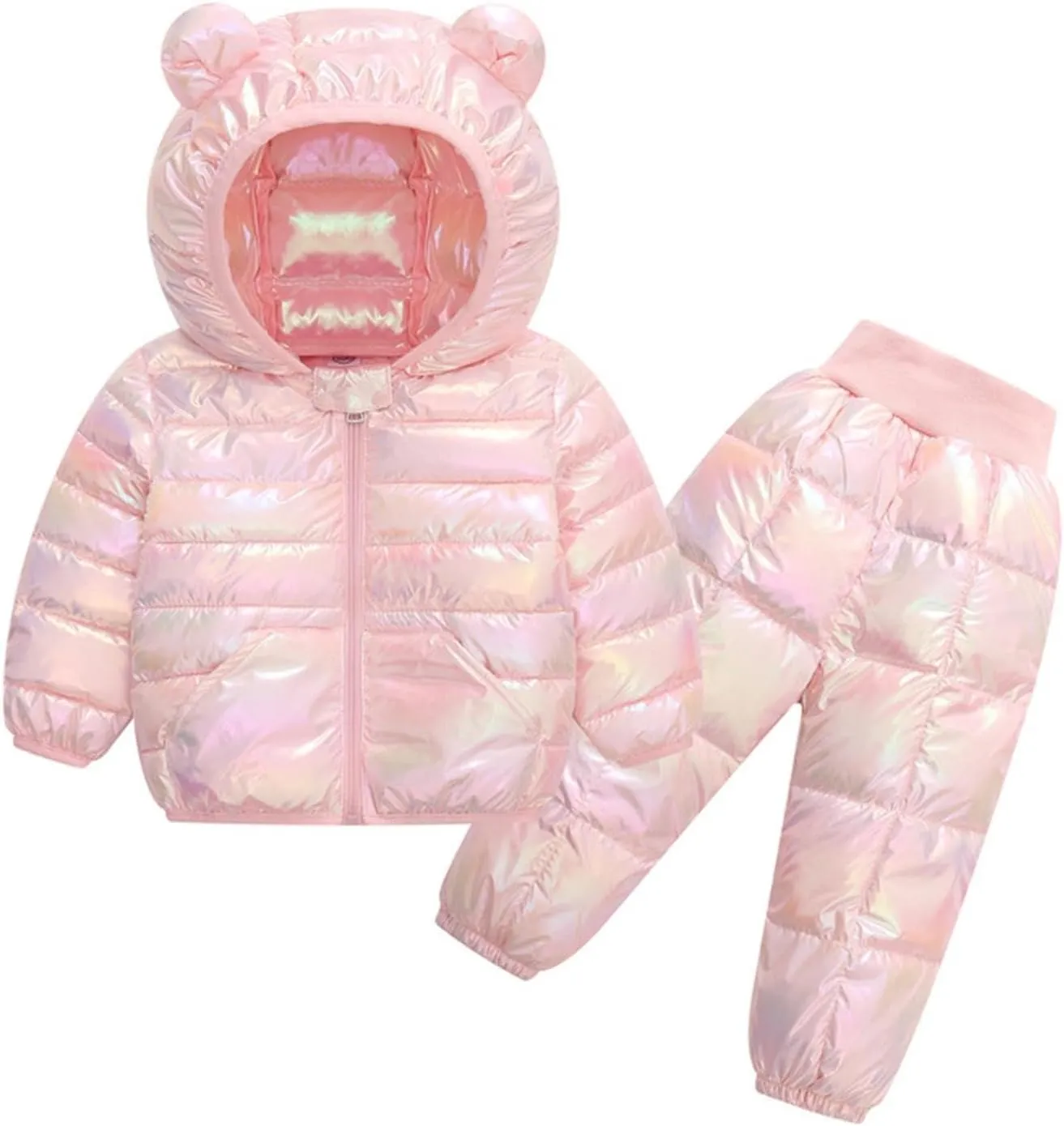 Kids Two Piece Winter Coat Baby Toddler Boy Girl Down Puffer Jackets Bear Hoods Down Coat and Puffer Pants Clothes