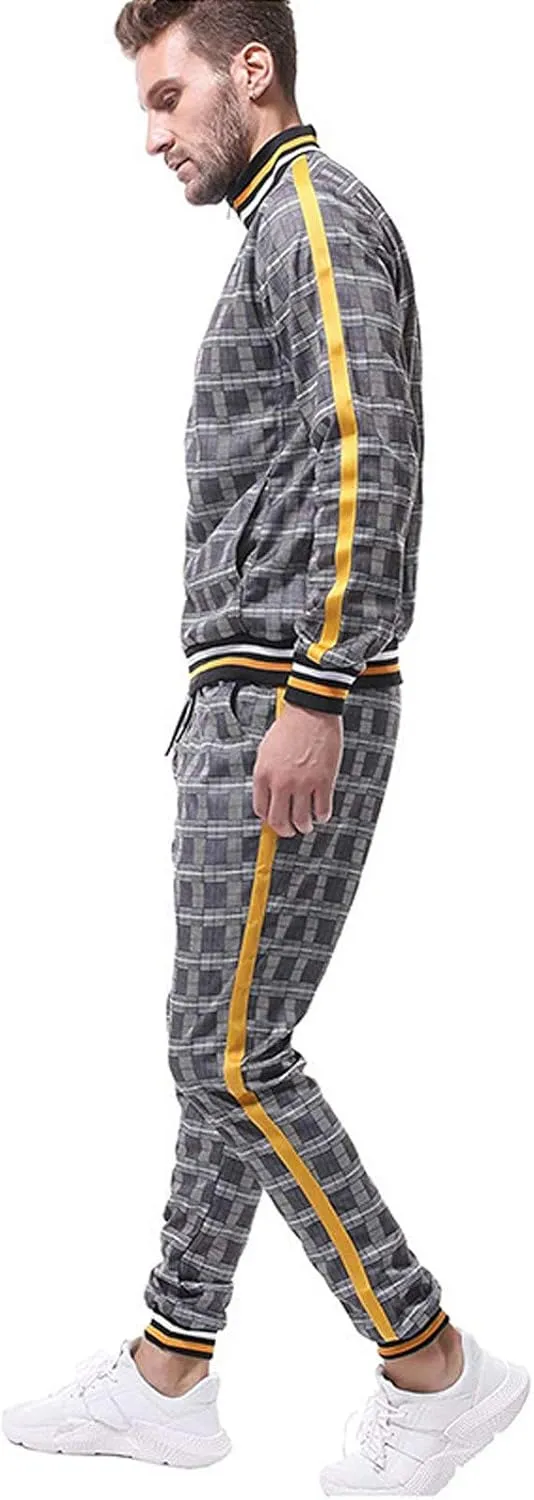 Men's 2 Piece Outfits Casual Long Sleeve Full Zip Plaid Print Shirt Drawstring Stretch Jogger Pant Set Tracksuit