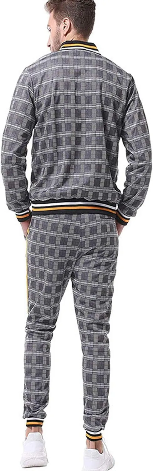 Men's 2 Piece Outfits Casual Long Sleeve Full Zip Plaid Print Shirt Drawstring Stretch Jogger Pant Set Tracksuit