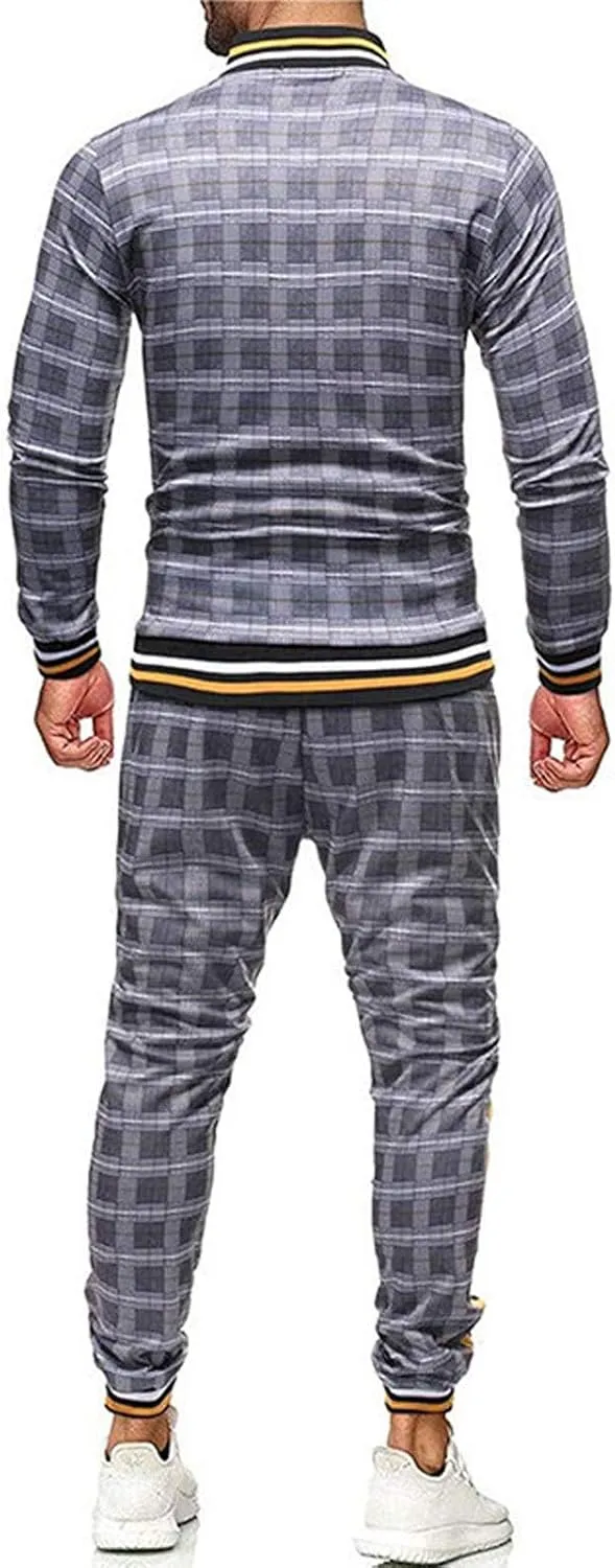 Men's 2 Piece Outfits Casual Long Sleeve Full Zip Plaid Print Shirt Drawstring Stretch Jogger Pant Set Tracksuit