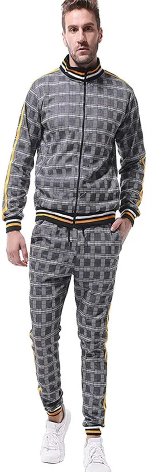 Men's 2 Piece Outfits Casual Long Sleeve Full Zip Plaid Print Shirt Drawstring Stretch Jogger Pant Set Tracksuit