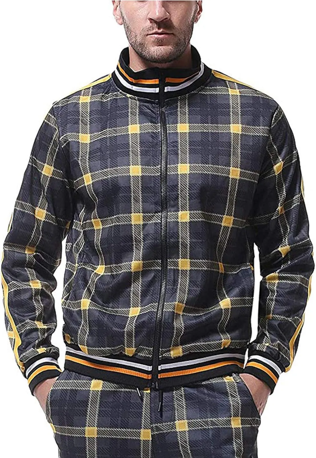 Men's 2 Piece Outfits Casual Long Sleeve Full Zip Plaid Print Shirt Drawstring Stretch Jogger Pant Set Tracksuit