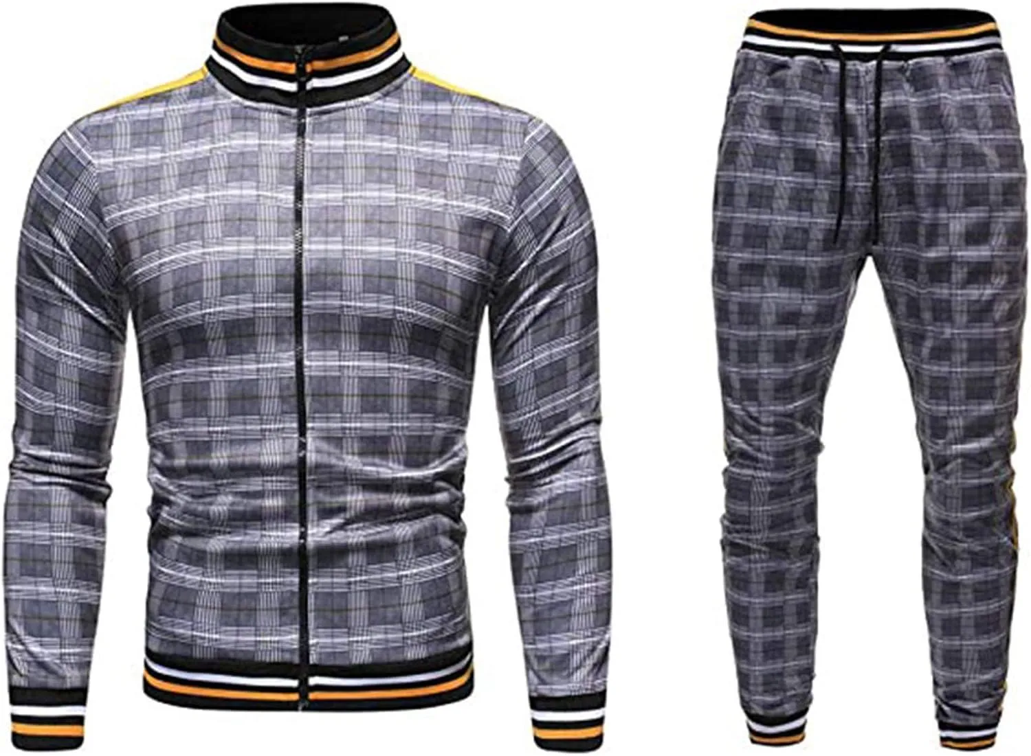Men's 2 Piece Outfits Casual Long Sleeve Full Zip Plaid Print Shirt Drawstring Stretch Jogger Pant Set Tracksuit