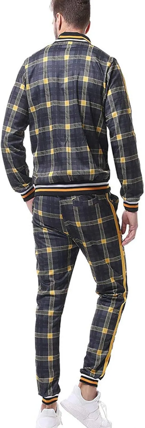 Men's 2 Piece Outfits Casual Long Sleeve Full Zip Plaid Print Shirt Drawstring Stretch Jogger Pant Set Tracksuit