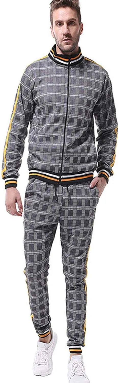 Men's 2 Piece Outfits Casual Long Sleeve Full Zip Plaid Print Shirt Drawstring Stretch Jogger Pant Set Tracksuit