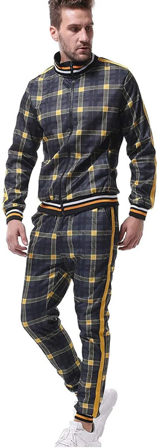 Men's 2 Piece Outfits Casual Long Sleeve Full Zip Plaid Print Shirt Drawstring Stretch Jogger Pant Set Tracksuit