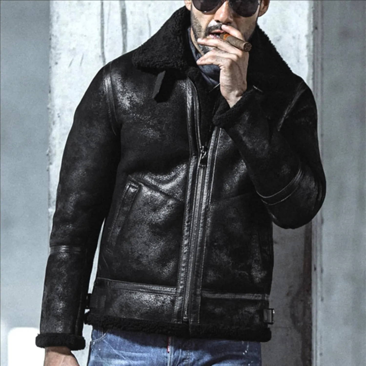 Mens Bomber Sherpa Faux Leather Jacket Zip Up Heavyweight Trench Coat Spread Collared Winter Suede Jackets