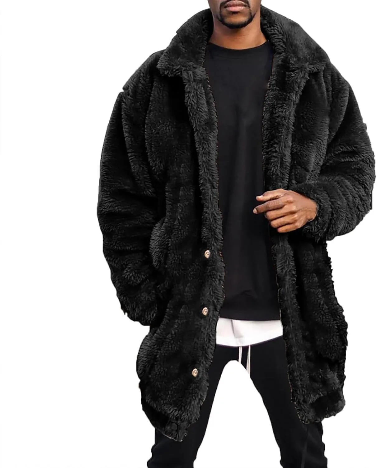 Mens Fuzzy Sherpa Mid Length Coat Button Down Front with Pockets, Luxury Faux Fur Coat Jacket with Thick Mink Fur