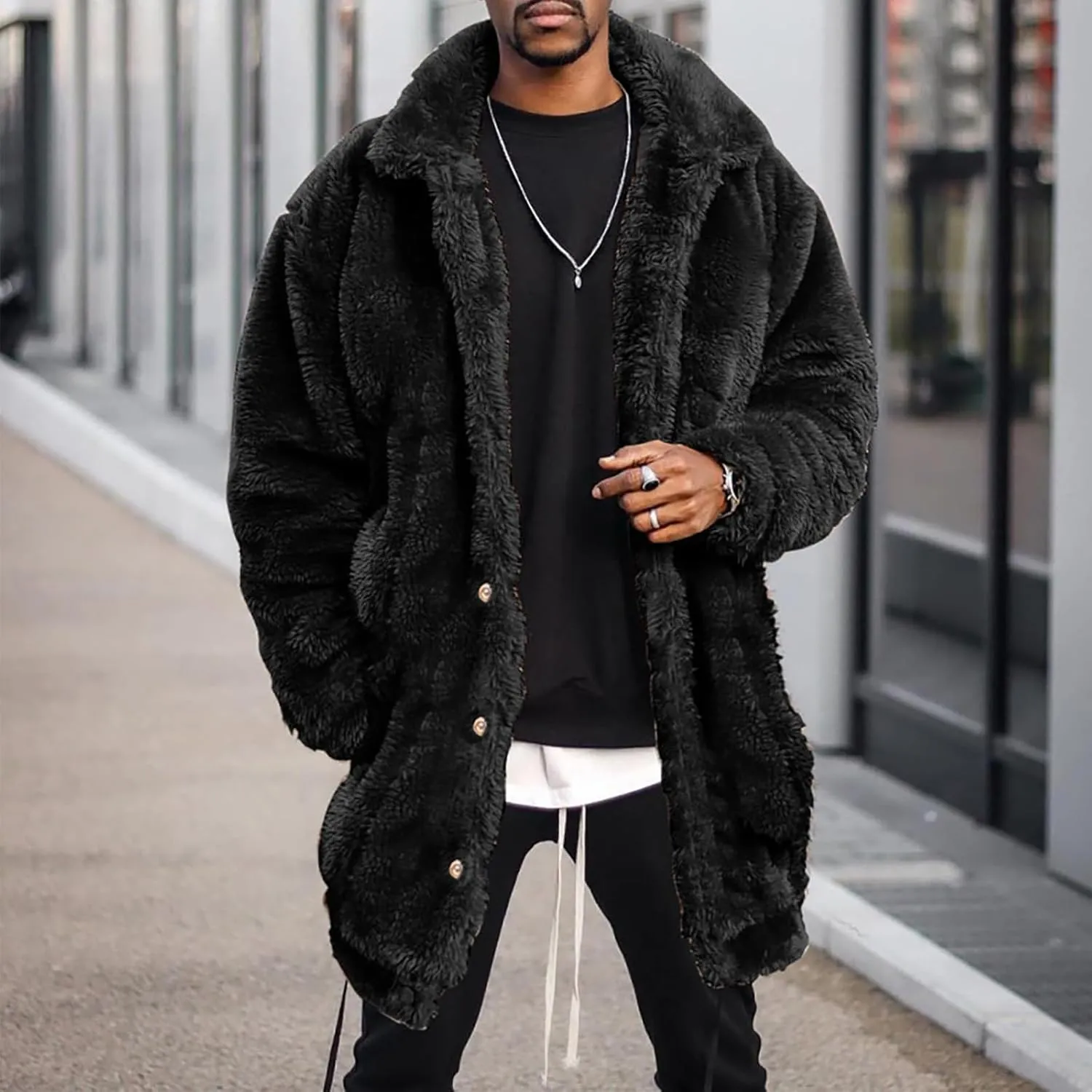 Mens Fuzzy Sherpa Mid Length Coat Button Down Front with Pockets, Luxury Faux Fur Coat Jacket with Thick Mink Fur