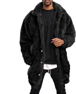 Mens Fuzzy Sherpa Mid Length Coat Button Down Front with Pockets, Luxury Faux Fur Coat Jacket with Thick Mink Fur
