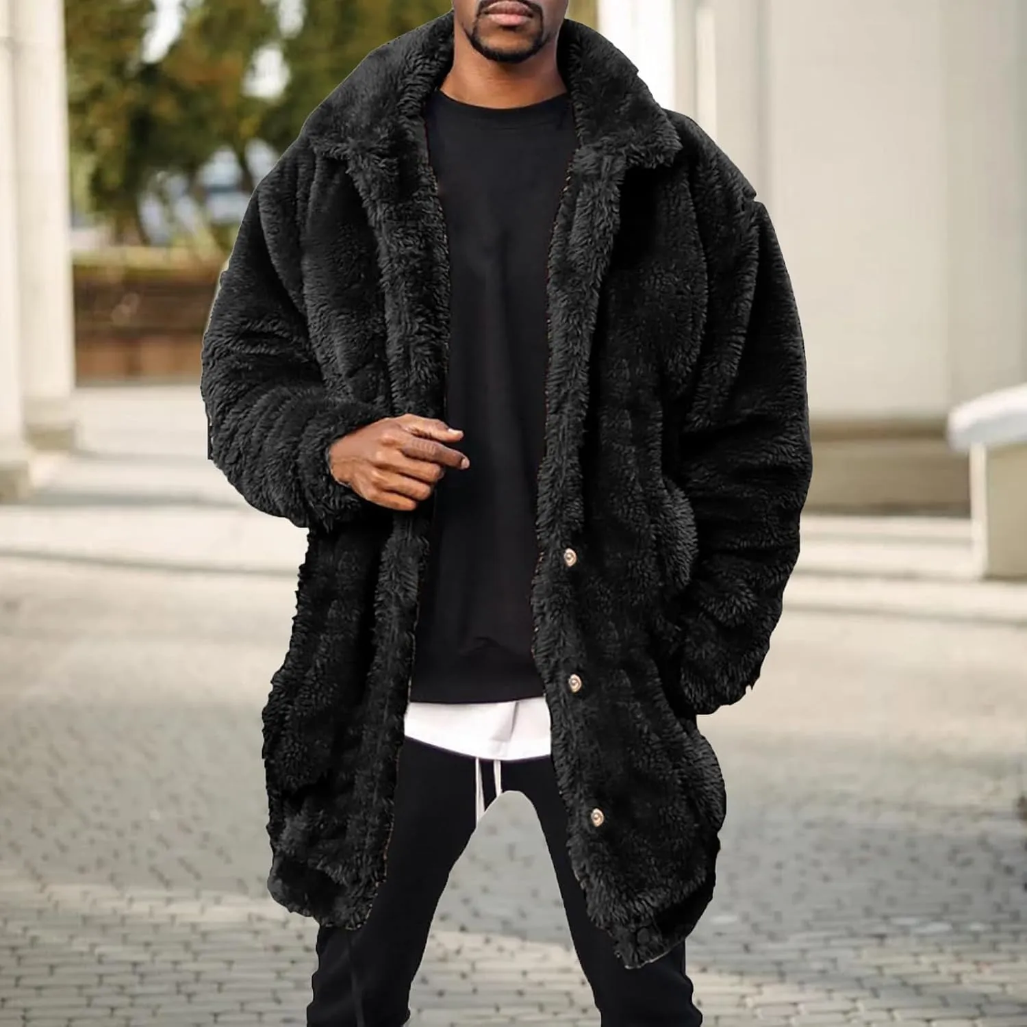 Mens Fuzzy Sherpa Mid Length Coat Button Down Front with Pockets, Luxury Faux Fur Coat Jacket with Thick Mink Fur