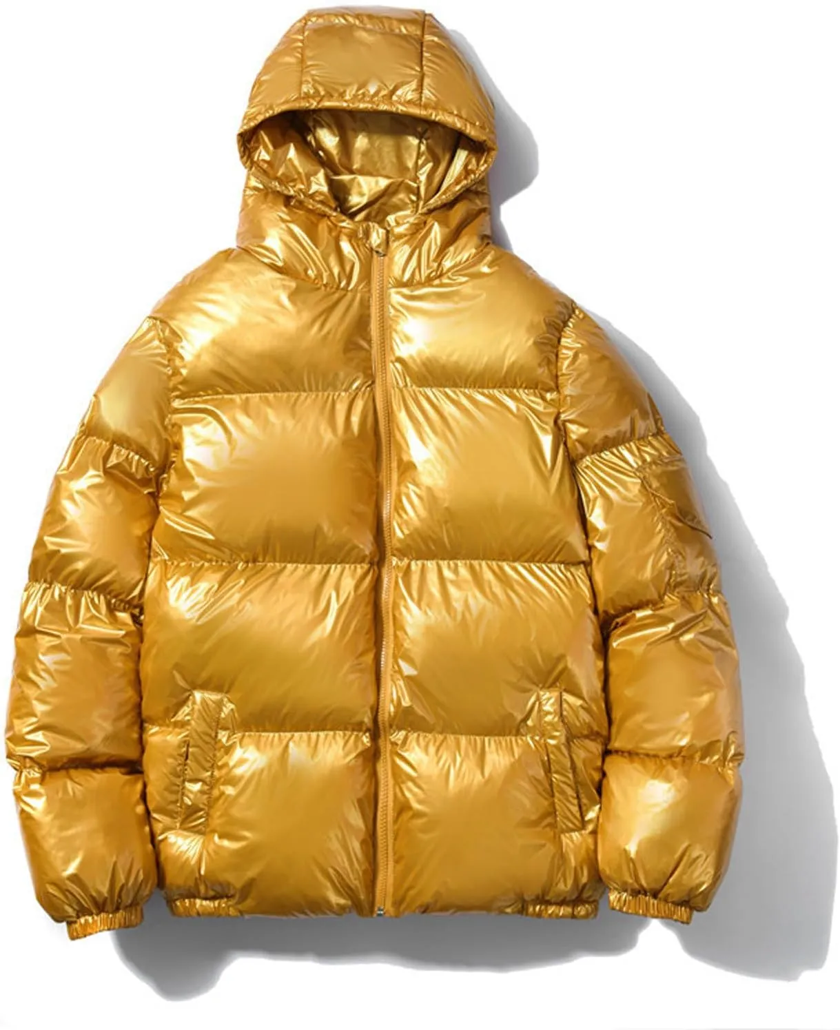 Mens Glossy Puffer Jacket Shiny Down Jacket Hooded Quilted Insulated Jacket Zip up Padded Coat Warm Winter Coats