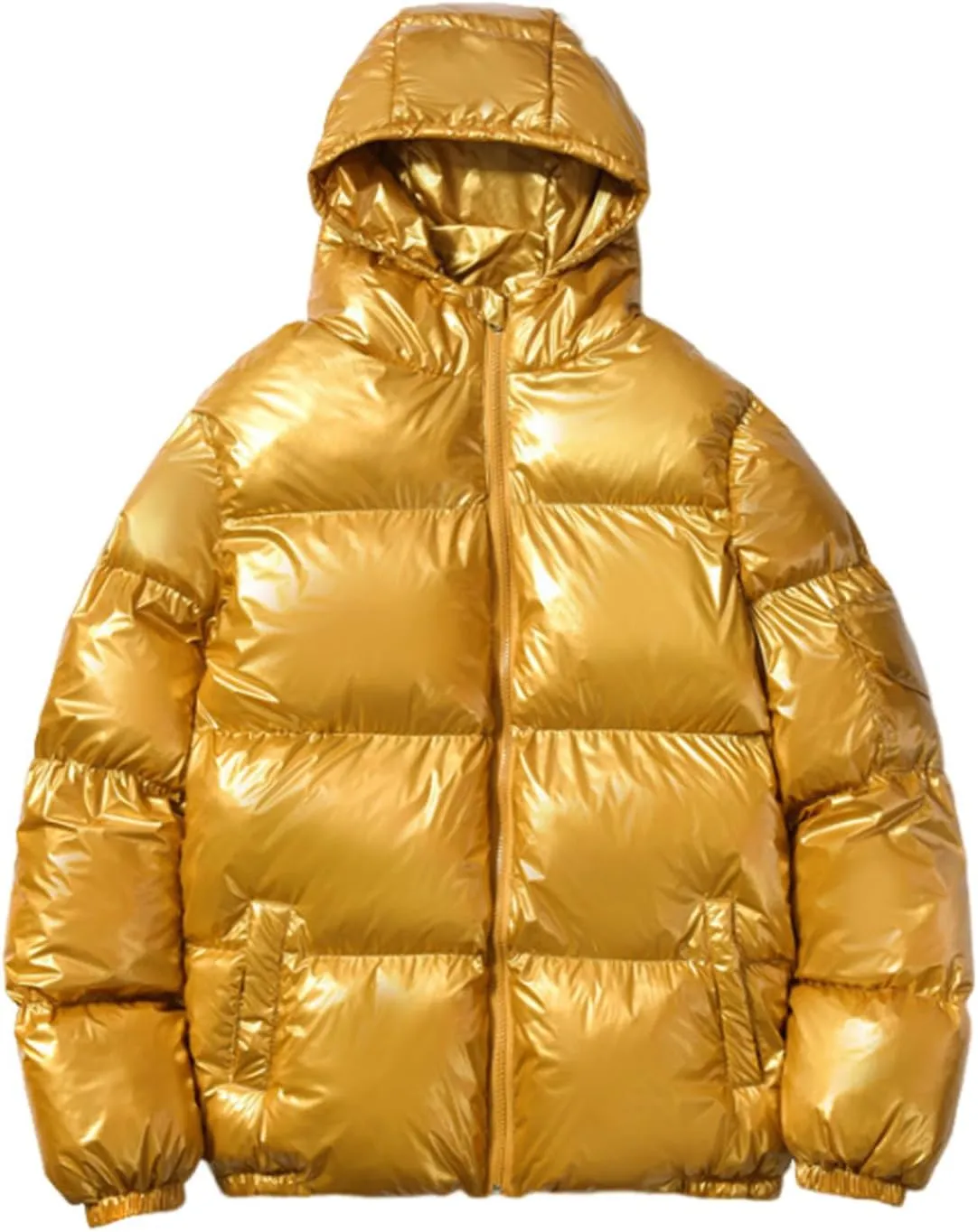 Mens Glossy Puffer Jacket Shiny Down Jacket Hooded Quilted Insulated Jacket Zip up Padded Coat Warm Winter Coats