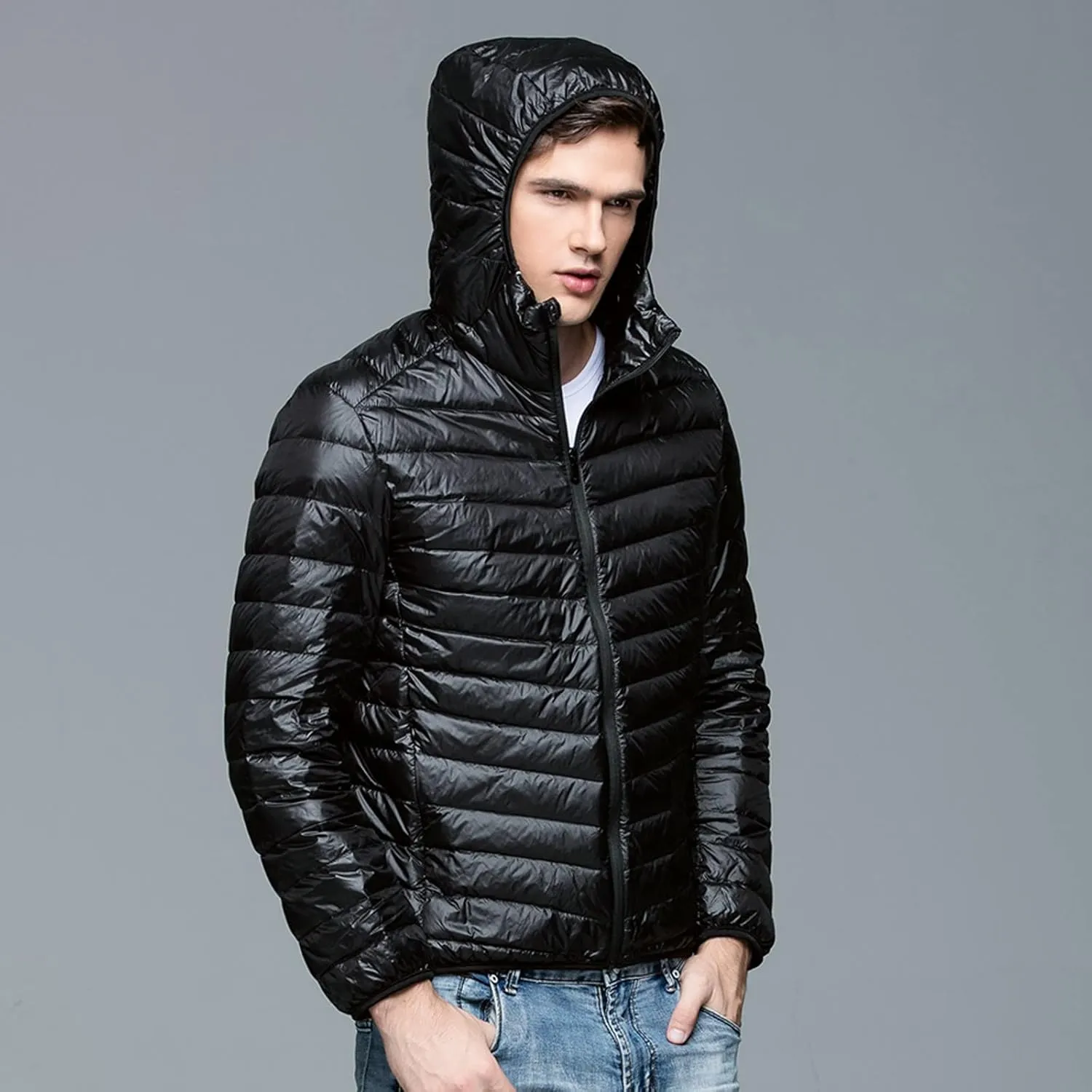 Mens Puffer Jacket with Hood Full Zip Lightweight Winter Down Coats Loose Fit Long Sleeve Hooded Sweatshirt Quilted Jackets