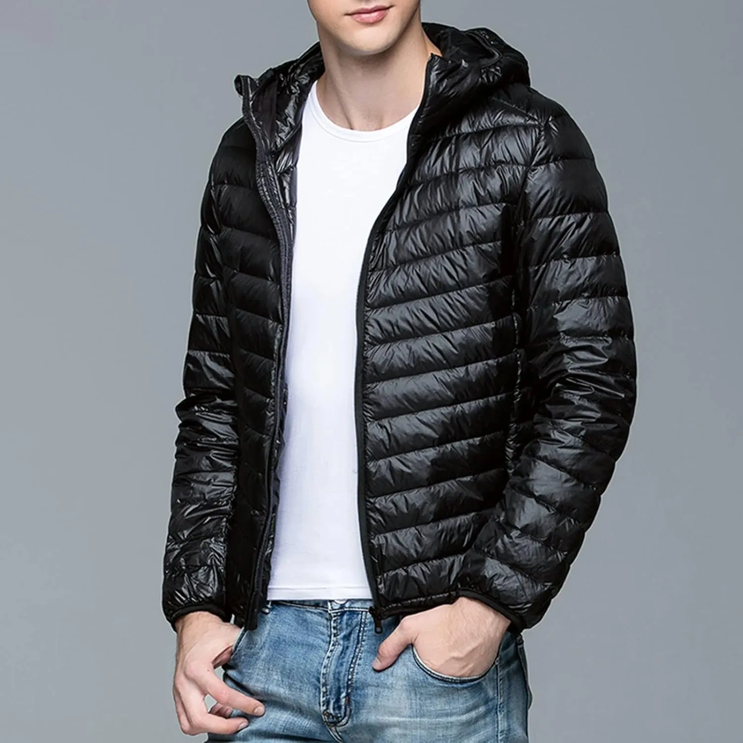 Mens Puffer Jacket with Hood Full Zip Lightweight Winter Down Coats Loose Fit Long Sleeve Hooded Sweatshirt Quilted Jackets