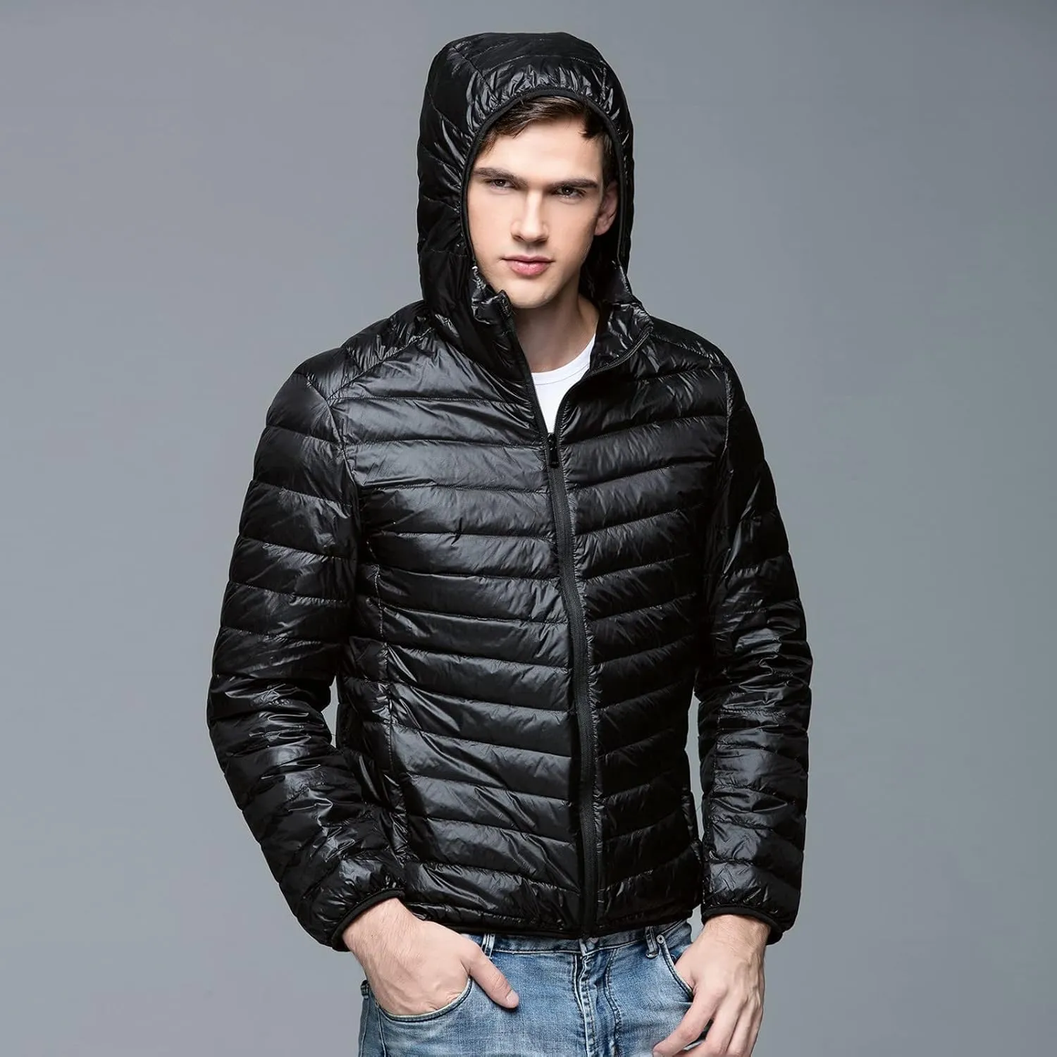 Mens Puffer Jacket with Hood Full Zip Lightweight Winter Down Coats Loose Fit Long Sleeve Hooded Sweatshirt Quilted Jackets