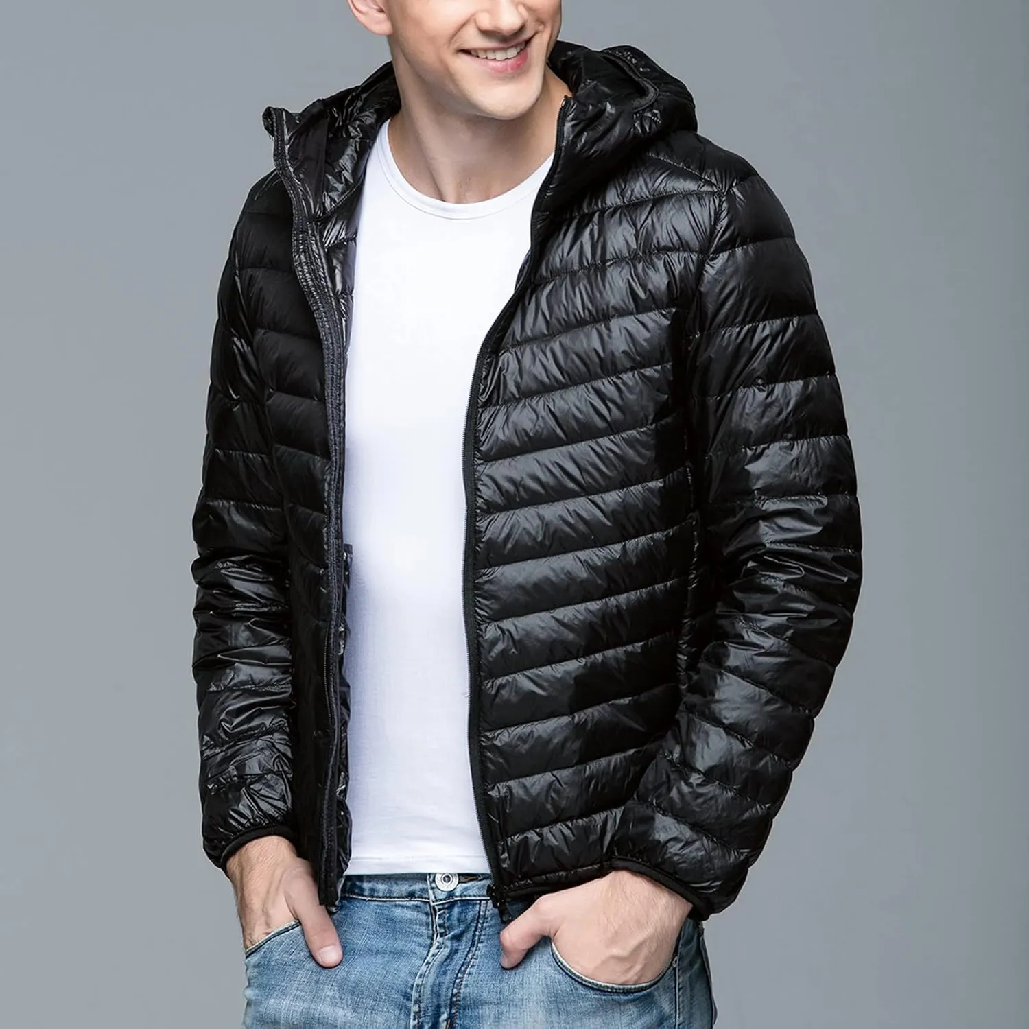 Mens Puffer Jacket with Hood Full Zip Lightweight Winter Down Coats Loose Fit Long Sleeve Hooded Sweatshirt Quilted Jackets