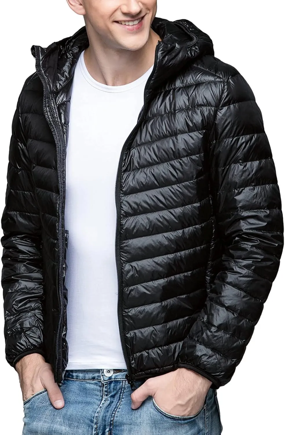 Mens Puffer Jacket with Hood Full Zip Lightweight Winter Down Coats Loose Fit Long Sleeve Hooded Sweatshirt Quilted Jackets