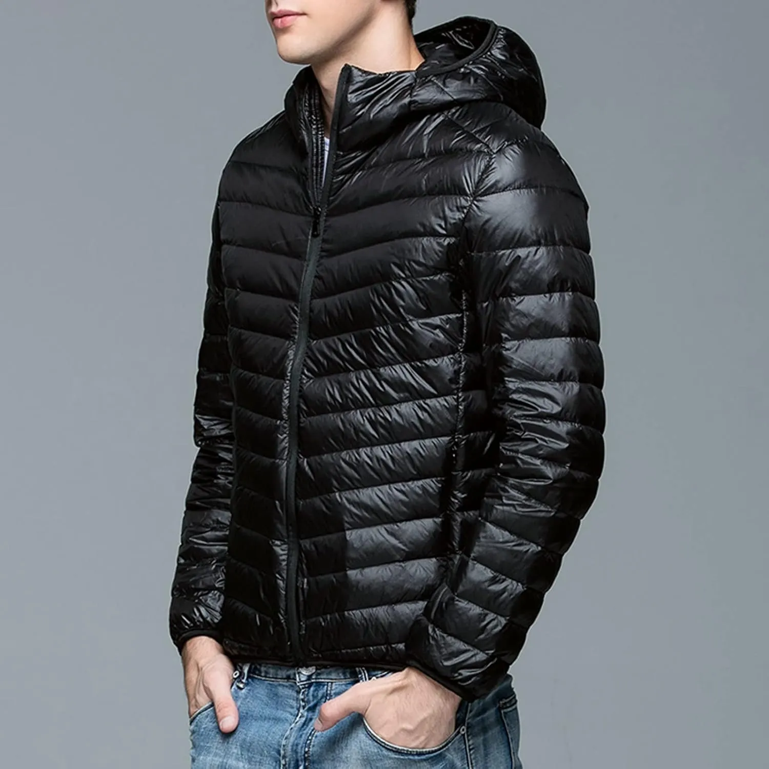 Mens Puffer Jacket with Hood Full Zip Lightweight Winter Down Coats Loose Fit Long Sleeve Hooded Sweatshirt Quilted Jackets