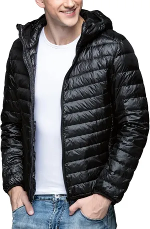 Mens Puffer Jacket with Hood Full Zip Lightweight Winter Down Coats Loose Fit Long Sleeve Hooded Sweatshirt Quilted Jackets