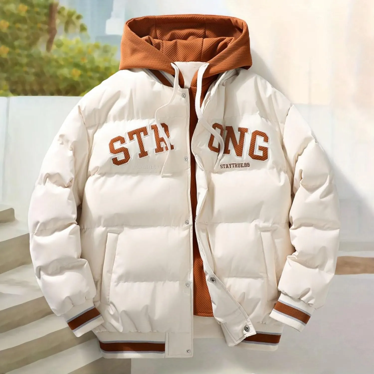 Men's Puffer Jackets Winter with Hood Thickened Lightweight Plus Size Down Coats Casual Letter Print Loose Quilted Jacket