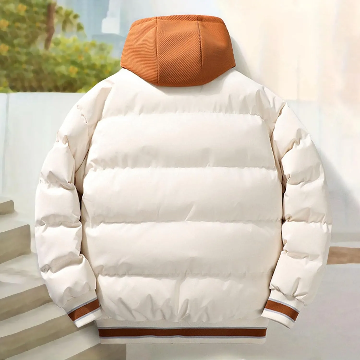 Men's Puffer Jackets Winter with Hood Thickened Lightweight Plus Size Down Coats Casual Letter Print Loose Quilted Jacket