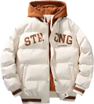 Men's Puffer Jackets Winter with Hood Thickened Lightweight Plus Size Down Coats Casual Letter Print Loose Quilted Jacket