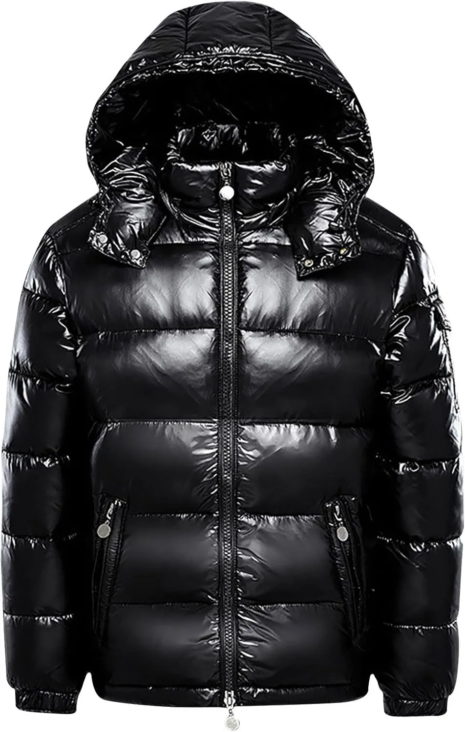 Mens Shiny Puffer Jacket Hooded Down Quilted Insulated Jacket Zip up Padded Coat Glossy Winter Coat Warm Outwear