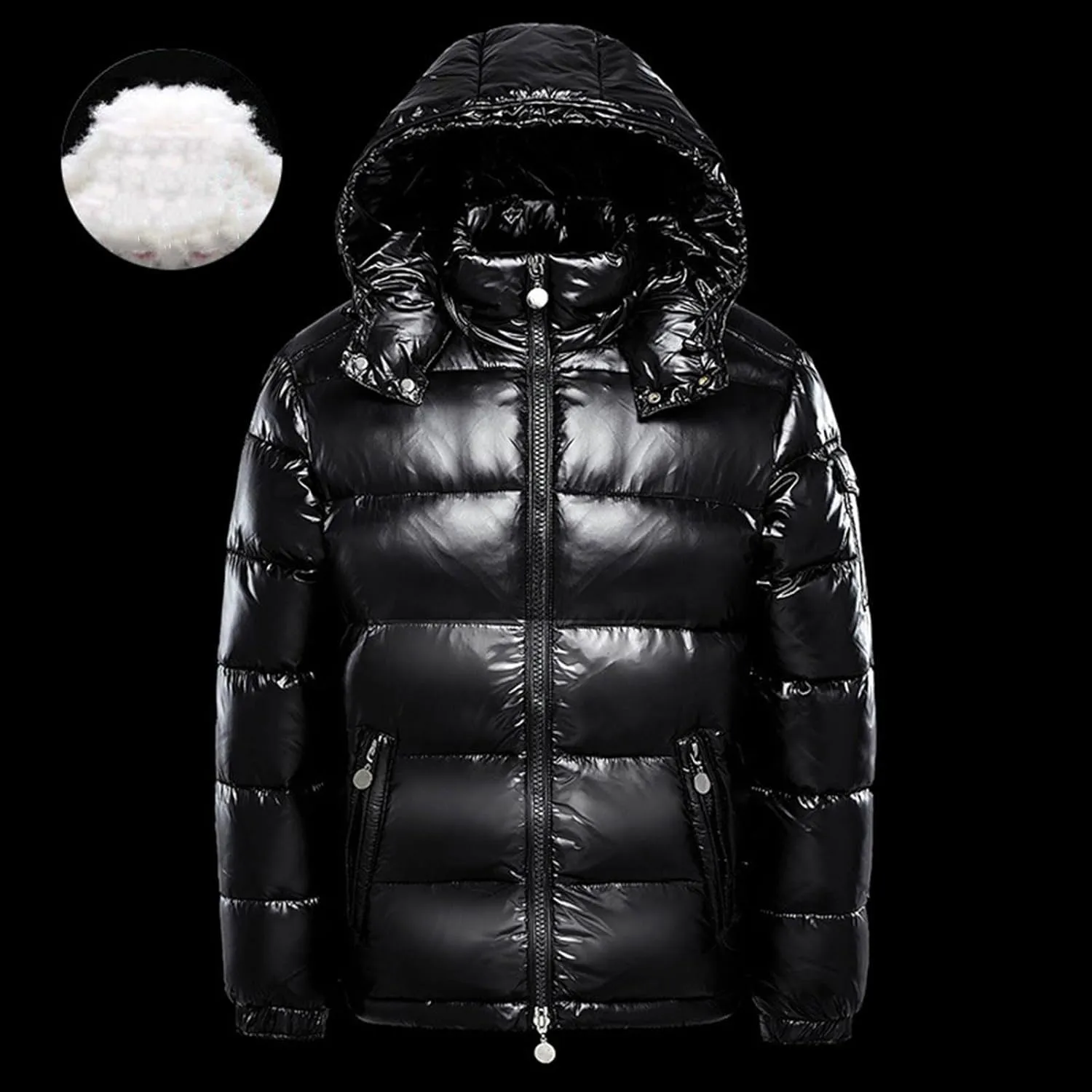 Mens Shiny Puffer Jacket Hooded Down Quilted Insulated Jacket Zip up Padded Coat Glossy Winter Coat Warm Outwear