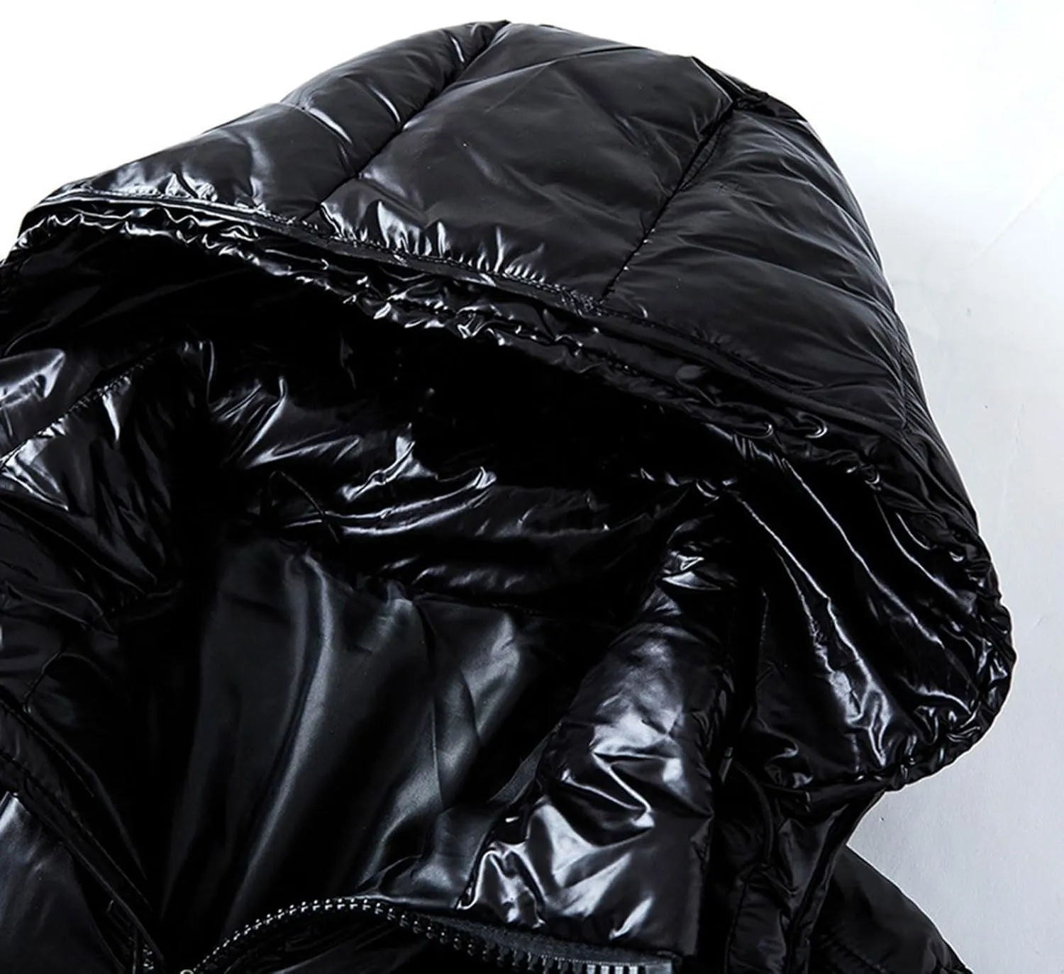 Mens Shiny Puffer Jacket Hooded Down Quilted Insulated Jacket Zip up Padded Coat Glossy Winter Coat Warm Outwear