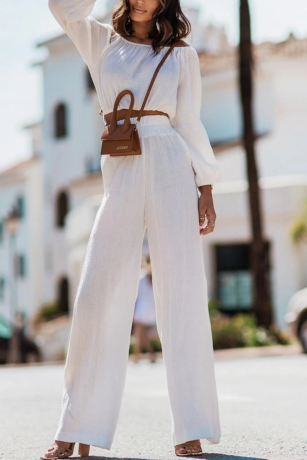 Off-shoulder Crop Top Wide Leg Long Pants Suits