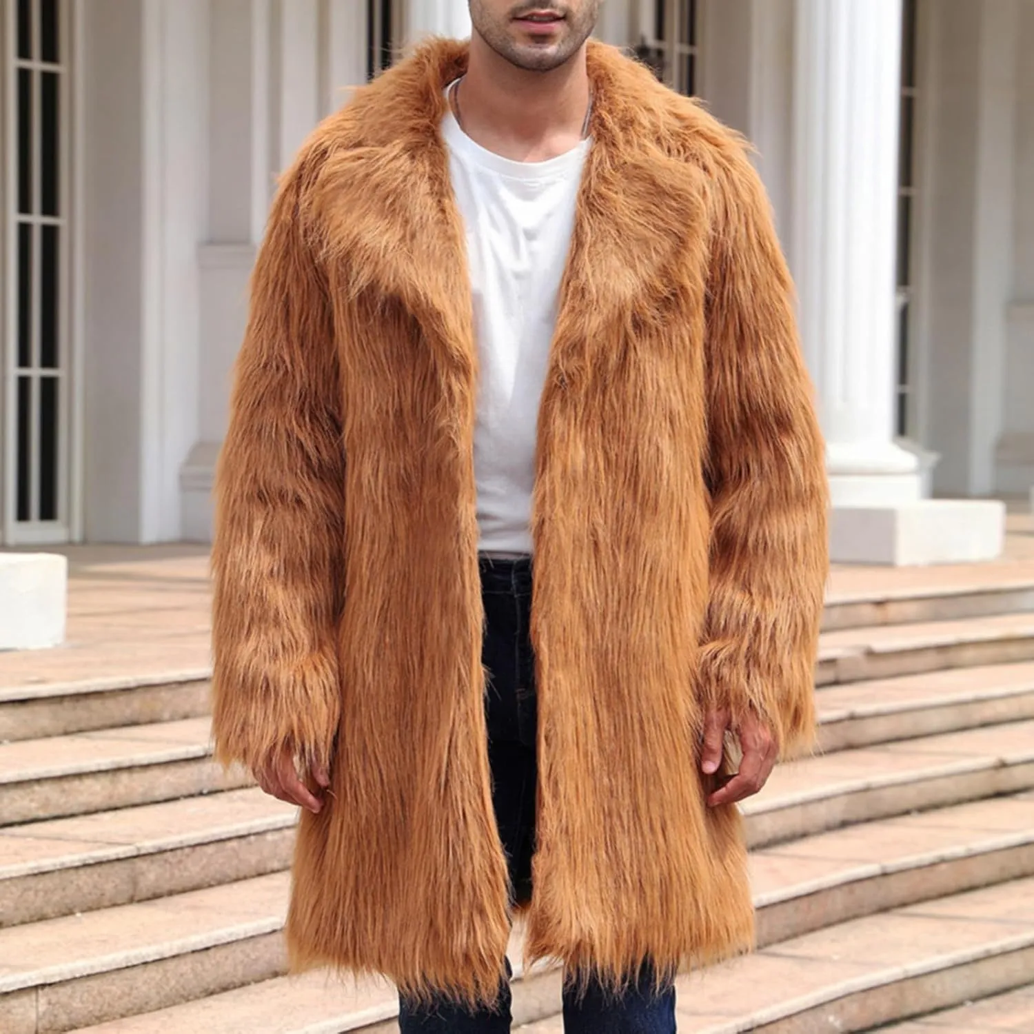 QWENTMTNTY Men Fluffy Long Faux Fur Coat Fashion Heavyweight Warm Winter Coats Thicken Faux Shearling Cardigan Overcoat