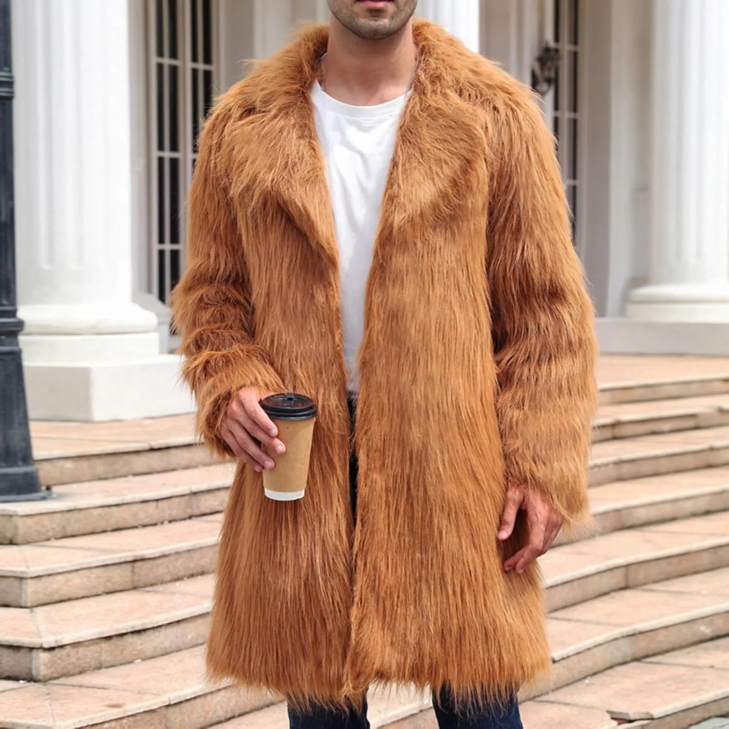 QWENTMTNTY Men Fluffy Long Faux Fur Coat Fashion Heavyweight Warm Winter Coats Thicken Faux Shearling Cardigan Overcoat