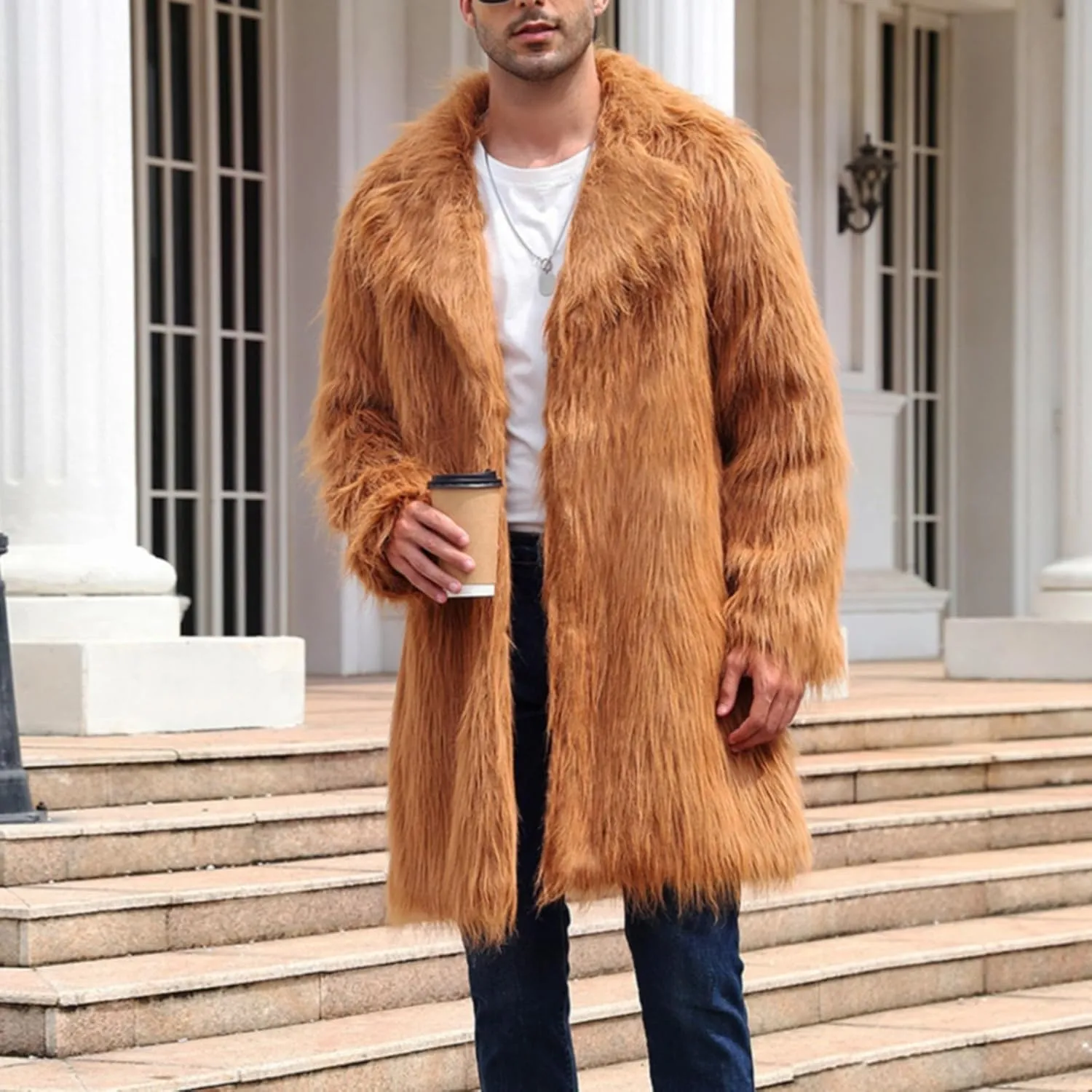 QWENTMTNTY Men Fluffy Long Faux Fur Coat Fashion Heavyweight Warm Winter Coats Thicken Faux Shearling Cardigan Overcoat