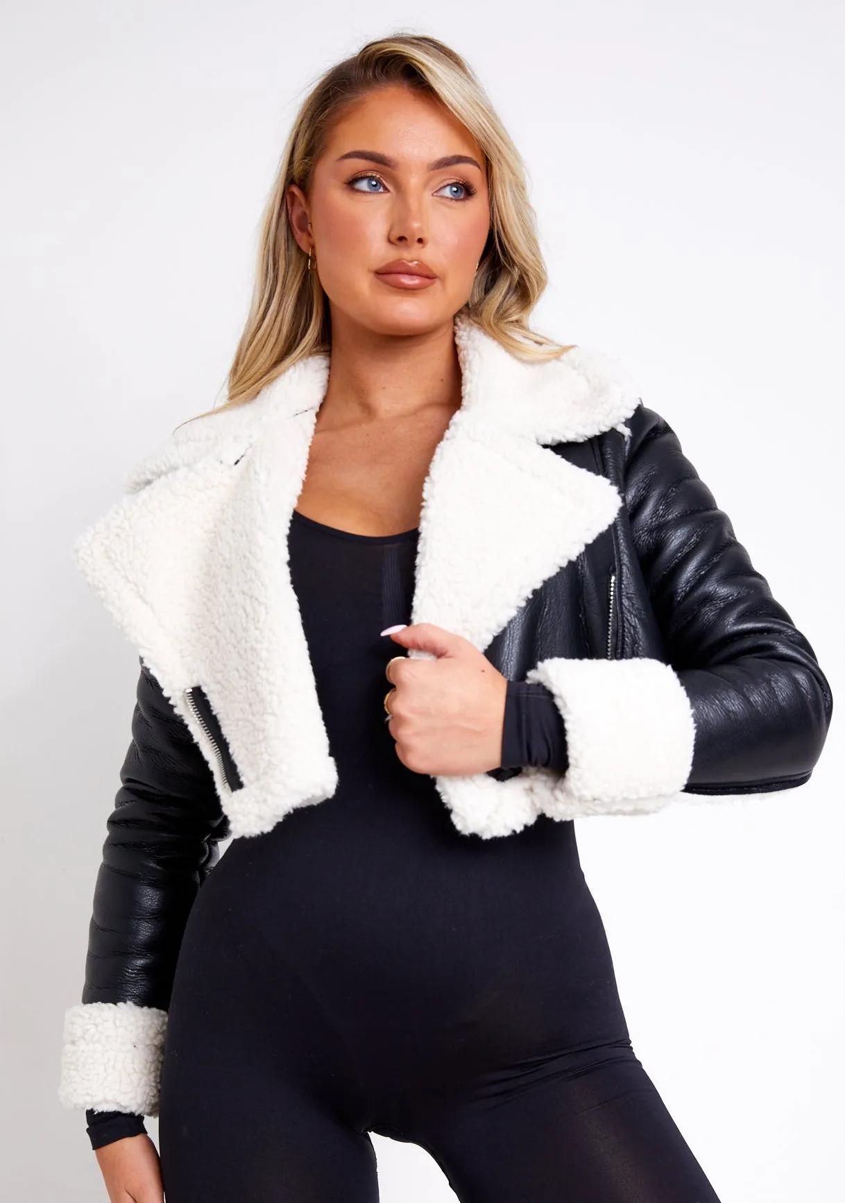 Rosie Black Faux Fur Trim Crop Aviator Jacket