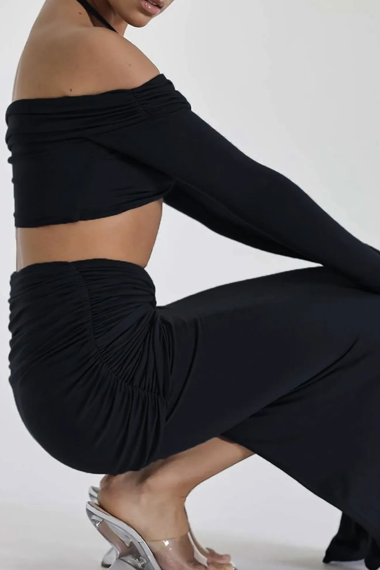 Twisted-front Halter Crop Top Slit Midi Skirt Suits