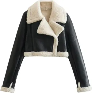 Wkishenl Leather Jacket Women Winter Thicken Fleece Lined Cropped Bomber Jacket Faux Fur Shearling Fluffy Coat Moto Outerwear