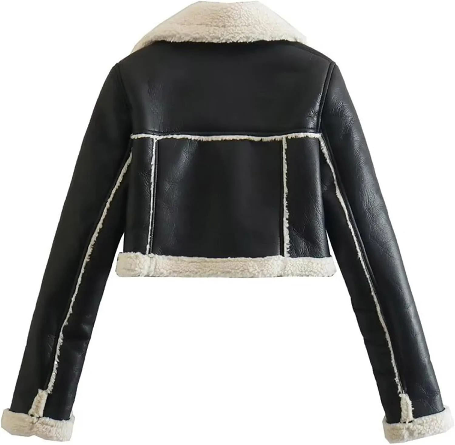 Wkishenl Leather Jacket Women Winter Thicken Fleece Lined Cropped Bomber Jacket Faux Fur Shearling Fluffy Coat Moto Outerwear
