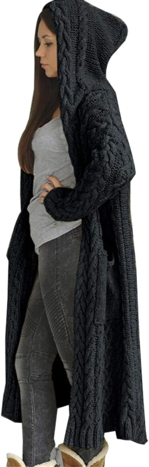Women Open Front Cardigans 2024 Fall Trendy Plus Size Long Sleeve Coat Solid Cable Knit Hooded Jacket With Pockets