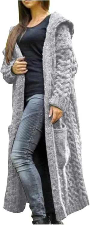 Women Open Front Cardigans 2024 Fall Trendy Plus Size Long Sleeve Coat Solid Cable Knit Hooded Jacket With Pockets