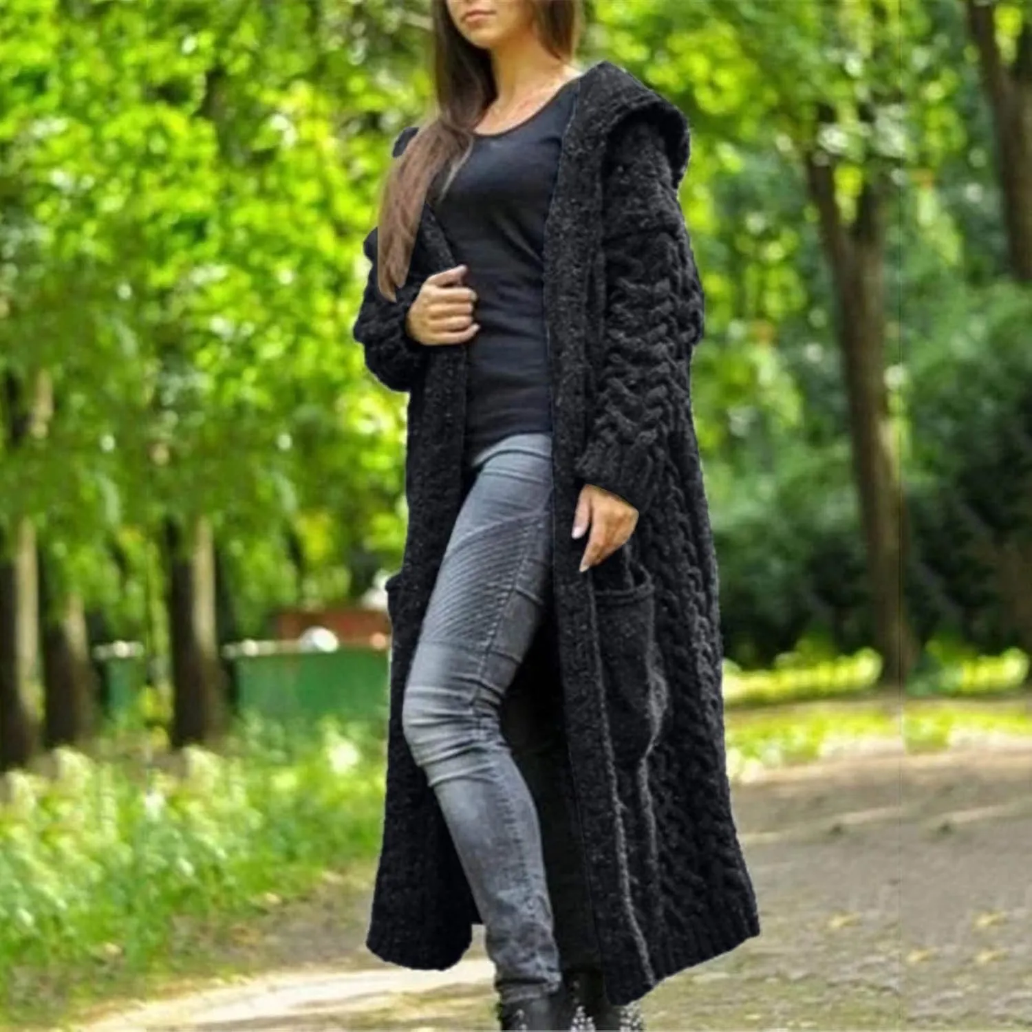 Women Open Front Cardigans 2024 Fall Trendy Plus Size Long Sleeve Coat Solid Cable Knit Hooded Jacket With Pockets