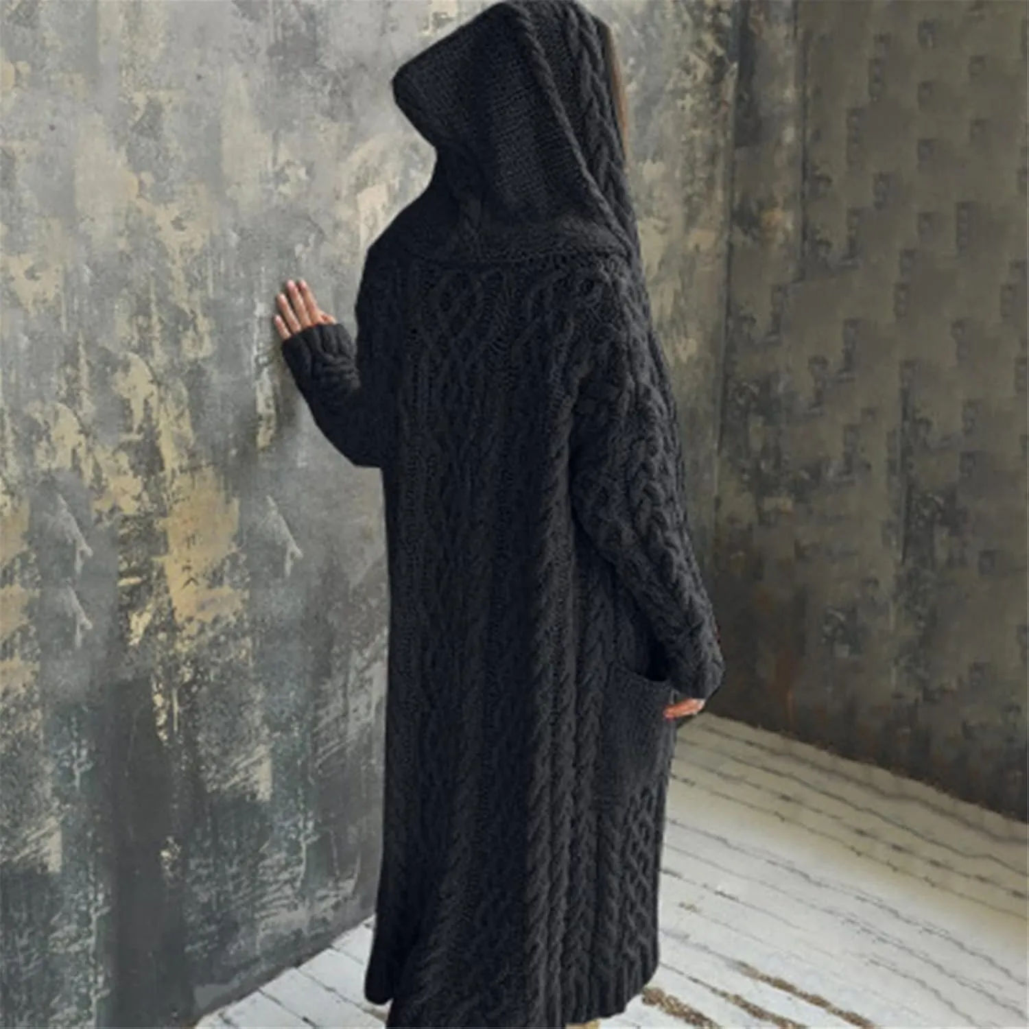 Women Open Front Cardigans 2024 Fall Trendy Plus Size Long Sleeve Coat Solid Cable Knit Hooded Jacket With Pockets