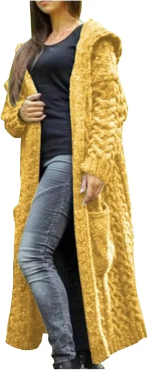 Women Open Front Cardigans 2024 Fall Trendy Plus Size Long Sleeve Coat Solid Cable Knit Hooded Jacket With Pockets