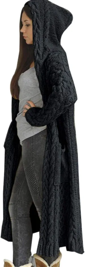 Women Open Front Cardigans 2024 Fall Trendy Plus Size Long Sleeve Coat Solid Cable Knit Hooded Jacket With Pockets