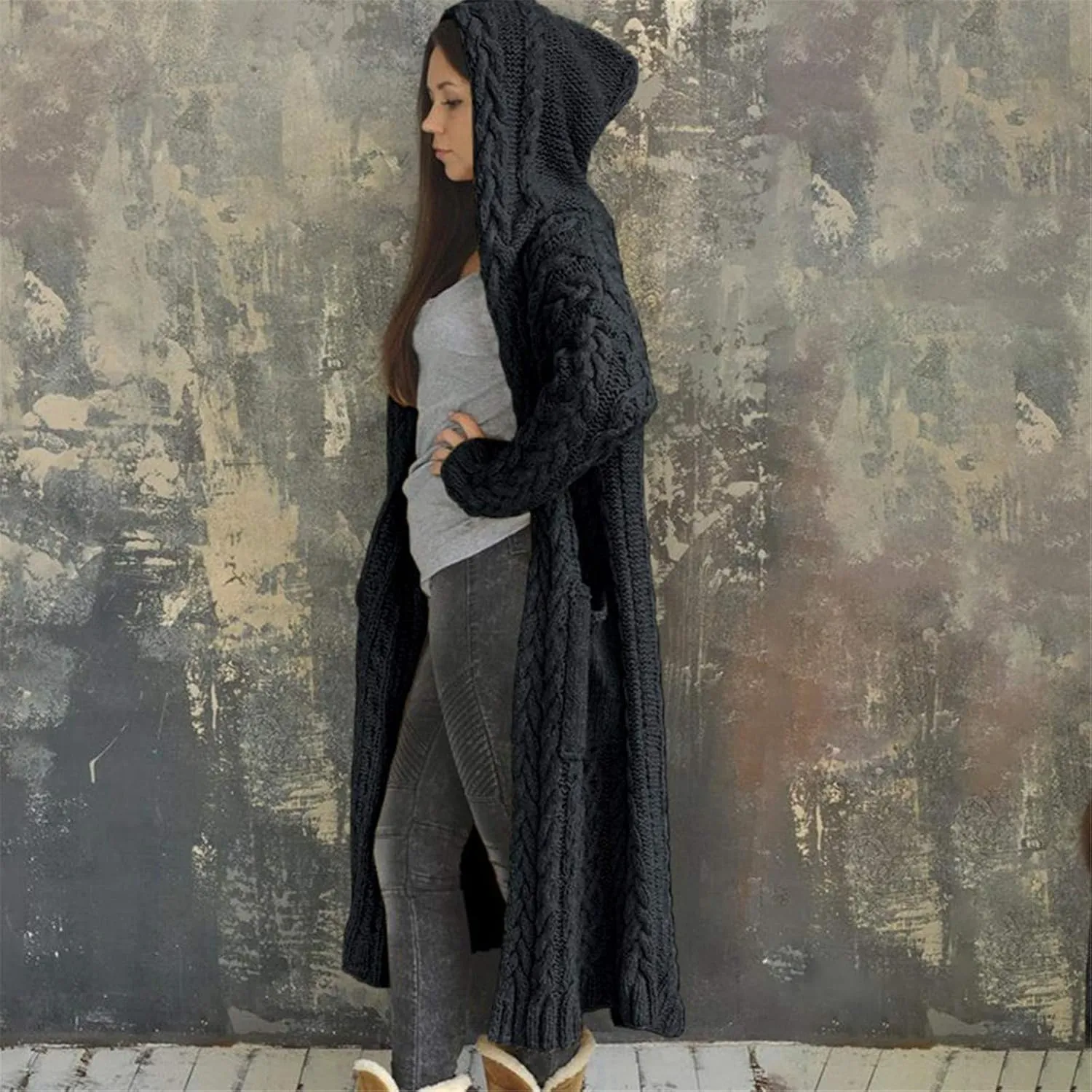 Women Open Front Cardigans 2024 Fall Trendy Plus Size Long Sleeve Coat Solid Cable Knit Hooded Jacket With Pockets