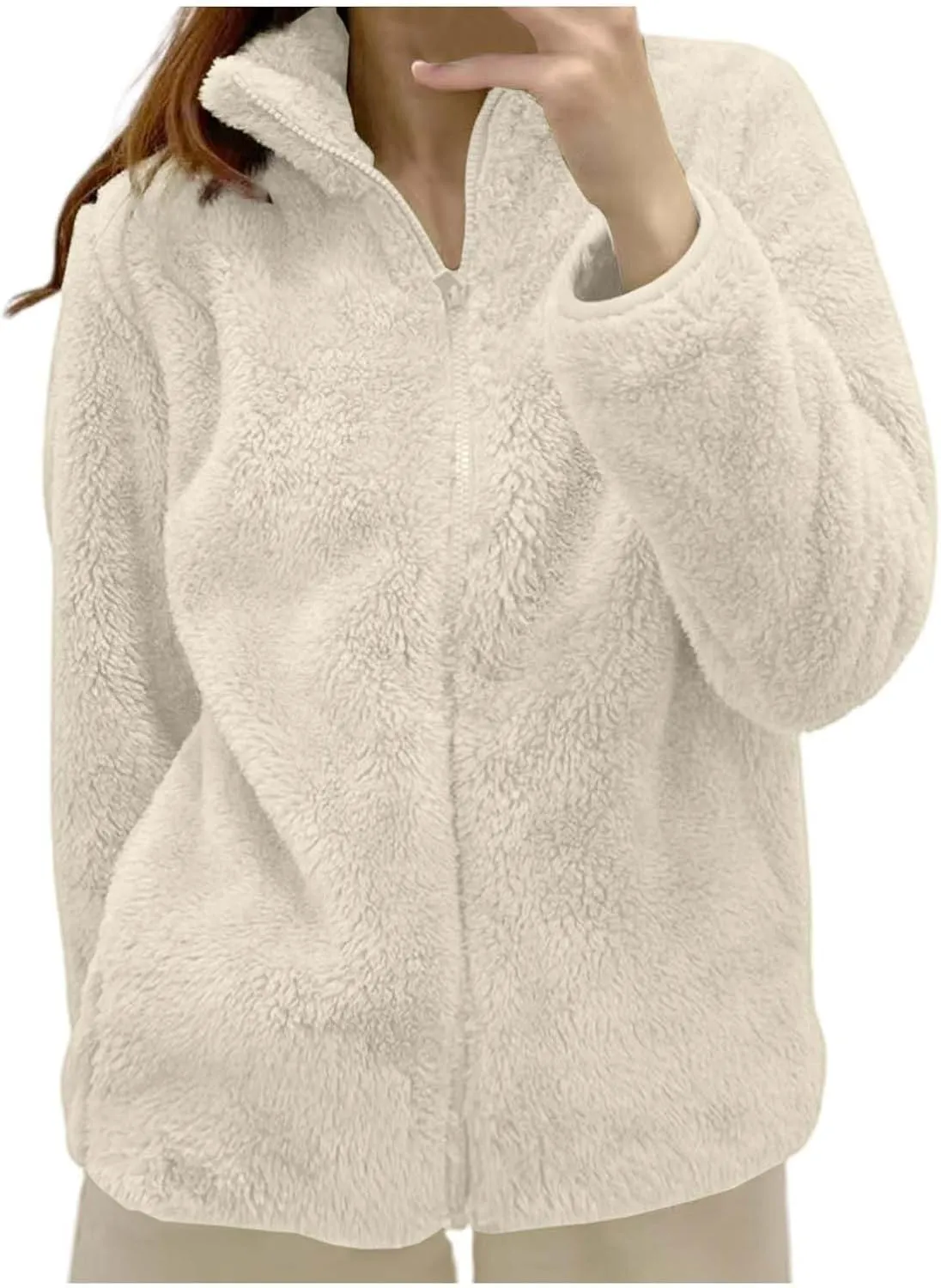 Women Winter Polar Fleece Jacket 2024 Sherpa Lined Plus Size Warm Cardigans Jackets Full Zip Stand Collar Fashion Outwear